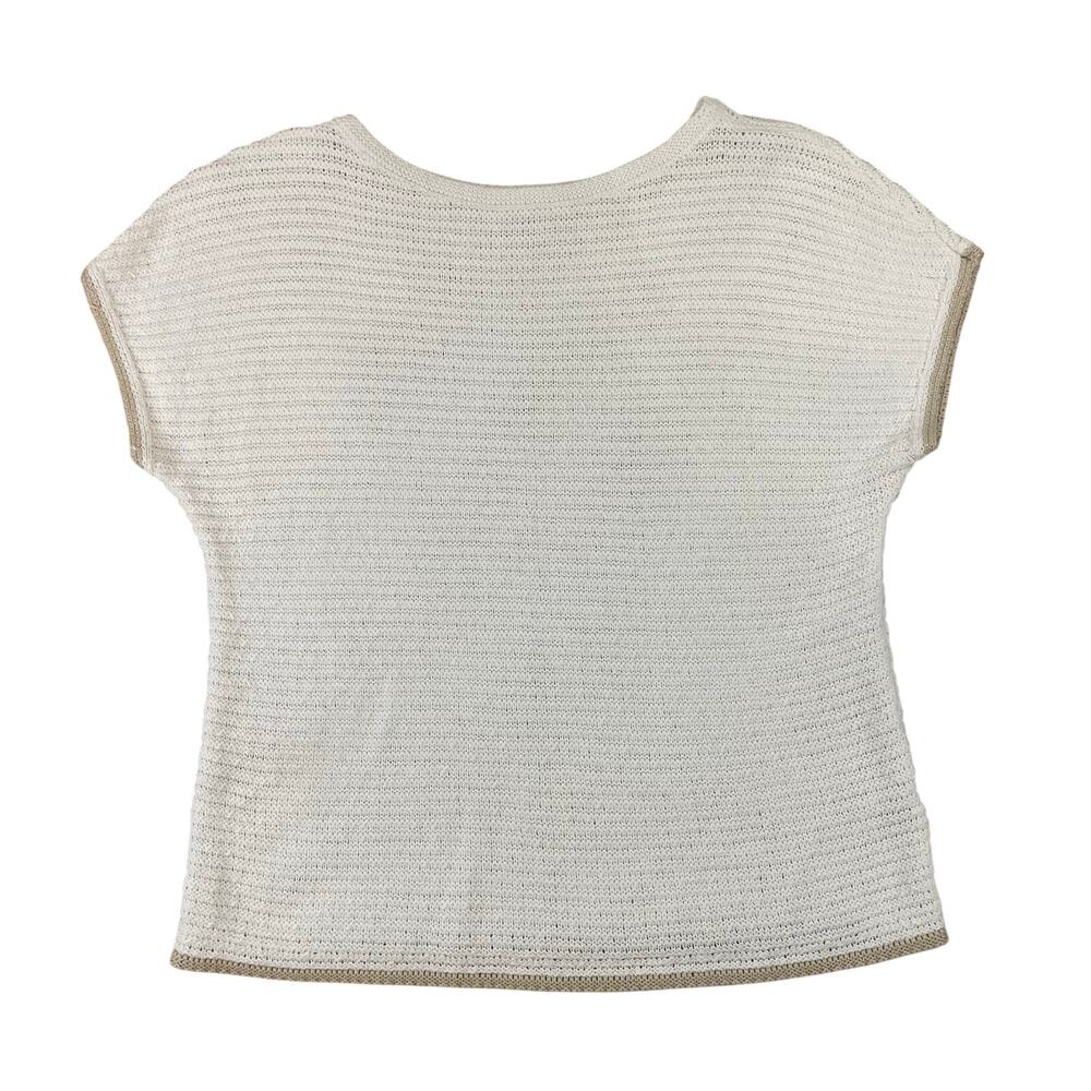 Pure Jill Women’s S Linen Cotton Knit Top Cream w/ Tan Contrast Hem Sleeves
